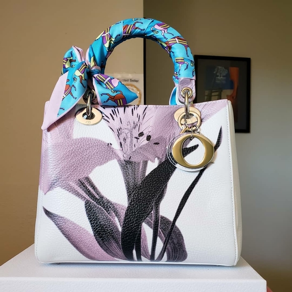 Dior Handbags - Lady Dior flower print calfskin white bag